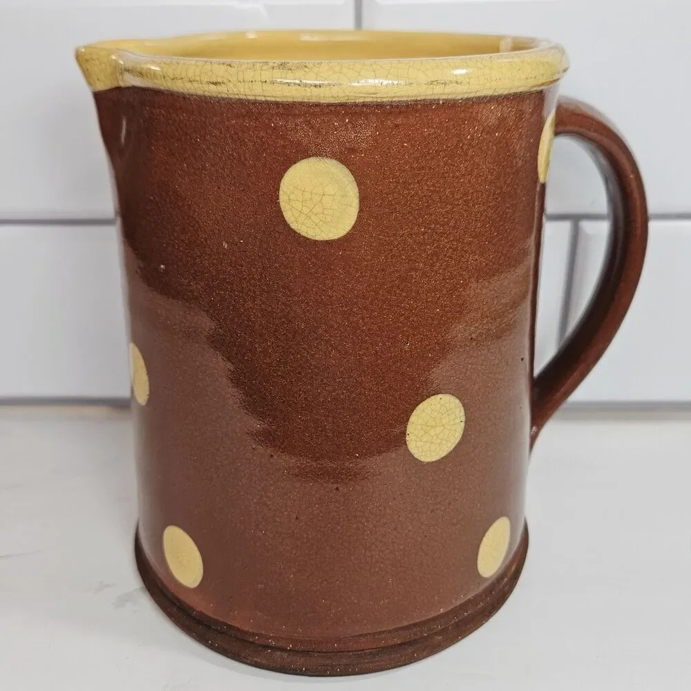 Antique Wisconsin ERIC ANDERSON RED Slip Ware Art Pottery Picher Jug Yellow Dot